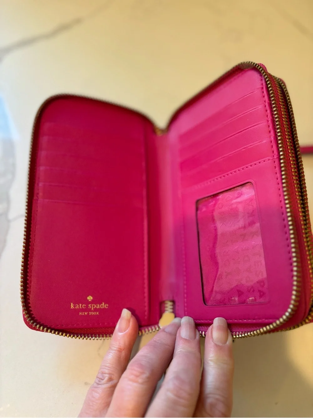 Kate Spade Double Zip Continental Saffiano Wristlet Sweetheart Pink Gold Metal